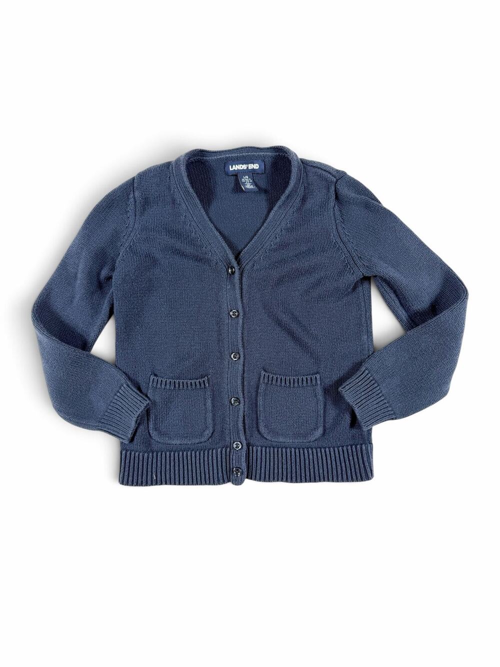 Lands’ End Girls Cotton V-Neck Button Cardigan Sweater Navy Large 10-12